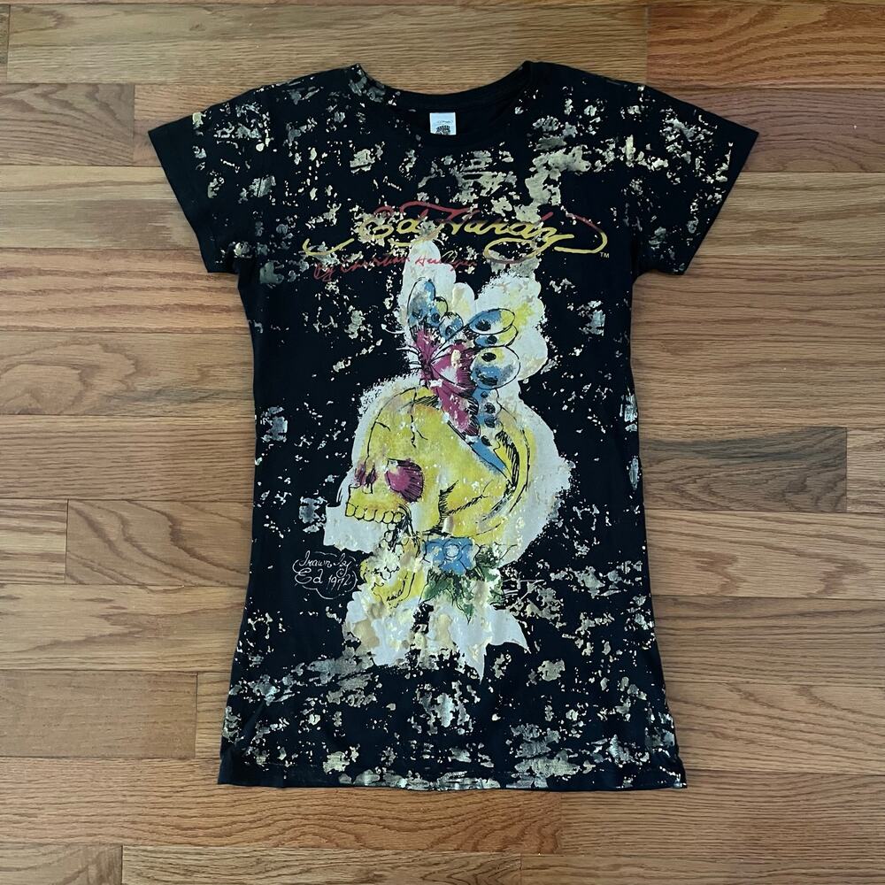 Vintage Y2K Ed Hardy Skull Butterfly Gold Spatter Womens Small Black